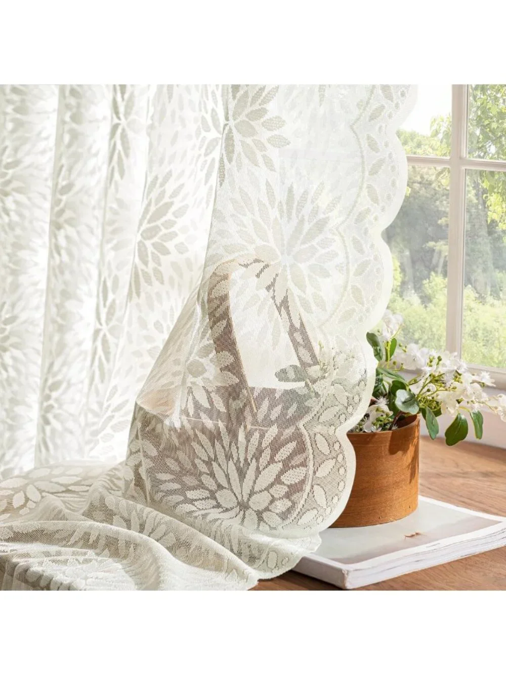 Vintage Floral Lace Curtains, Scalloped Design, Ivory 52